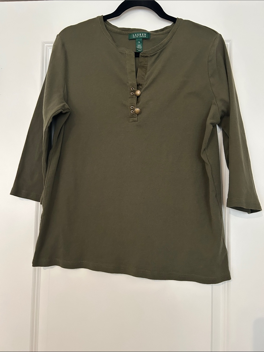 Lauren Ralph Lauren Olive Green Henley Three-Quarter Sleeve Top